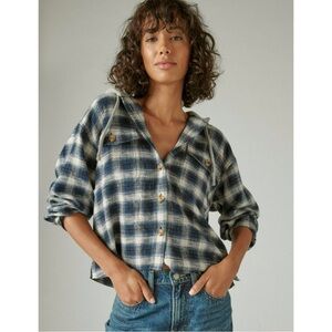 Lucky Brand blue plaid button front hooded flannel XL
